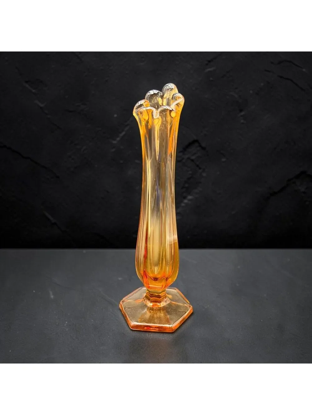 Vintage LE Smith Amber Glass Ruffled Bud Vase 8